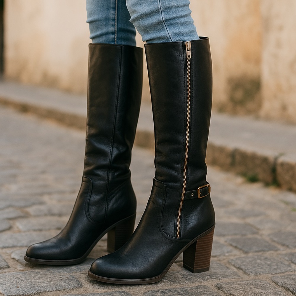 Lauren Conrad faux leather black knee high zip side boots